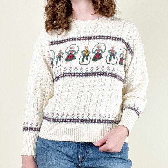 Rare Vintage Cable Knit Fair Isle Scandinavian Floral Oversized Sweater Graphic - Picture 1 of 6